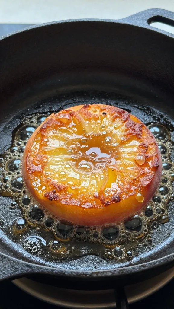 cast-iron skillet frying a single peach fritter, oil bubbling
