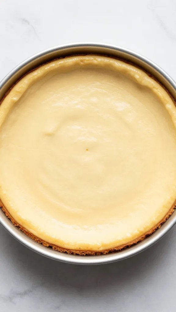 overhead whole crustless orange ricotta cheesecake in springform pan