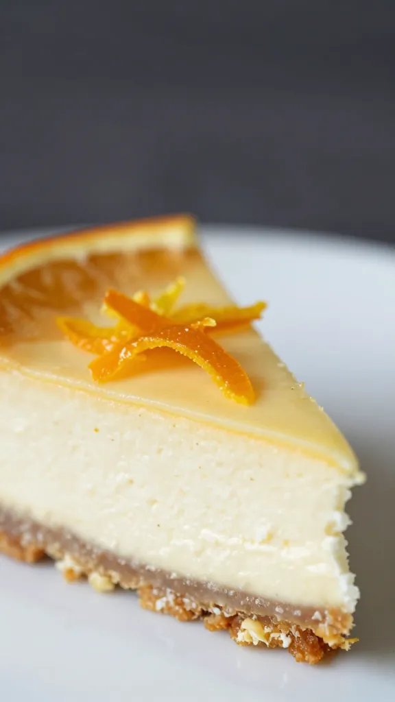 ricotta cheesecake slice topped with candied orange peel, closeup