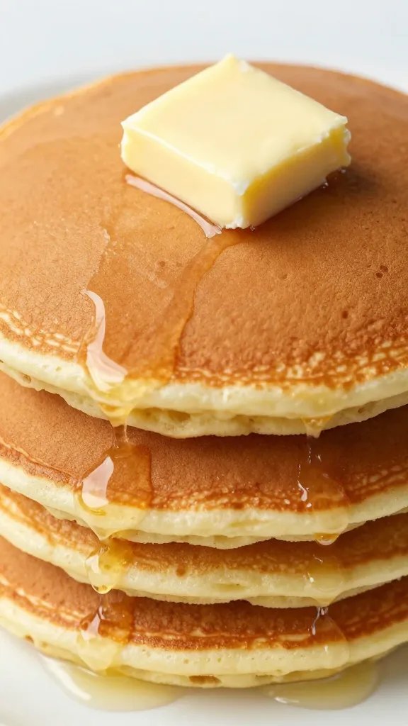 stack of vanilla milk pancakes with pat of butter, closeup