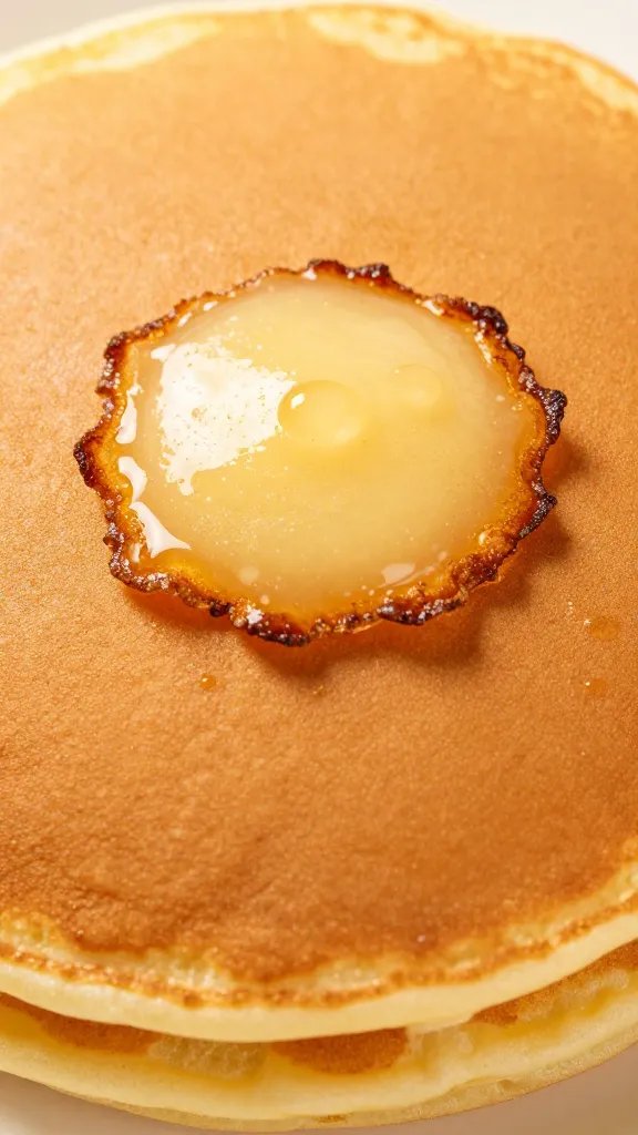 golden pancake surface with crisp edge and custardy center, macro