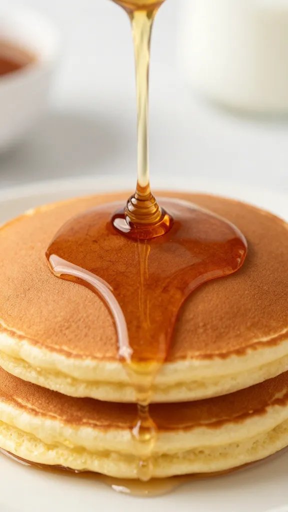 pouring maple syrup over single vanilla pancake, shallow depth of field