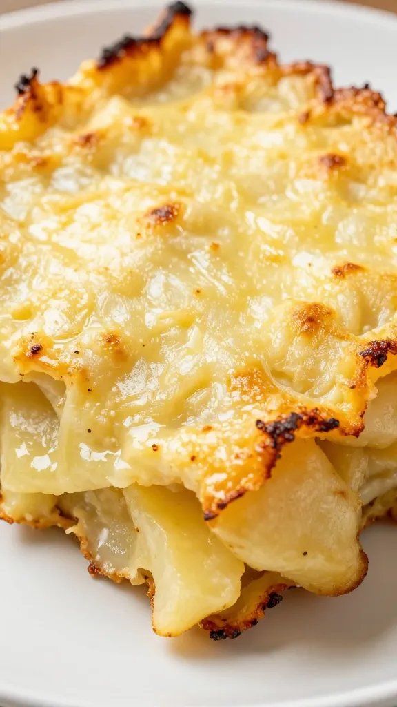 closeup of cheesy potato casserole slice with crispy edges
