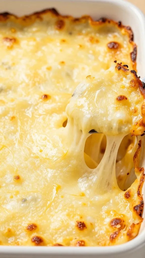 golden-browned casserole corner showing molten cheese pull
