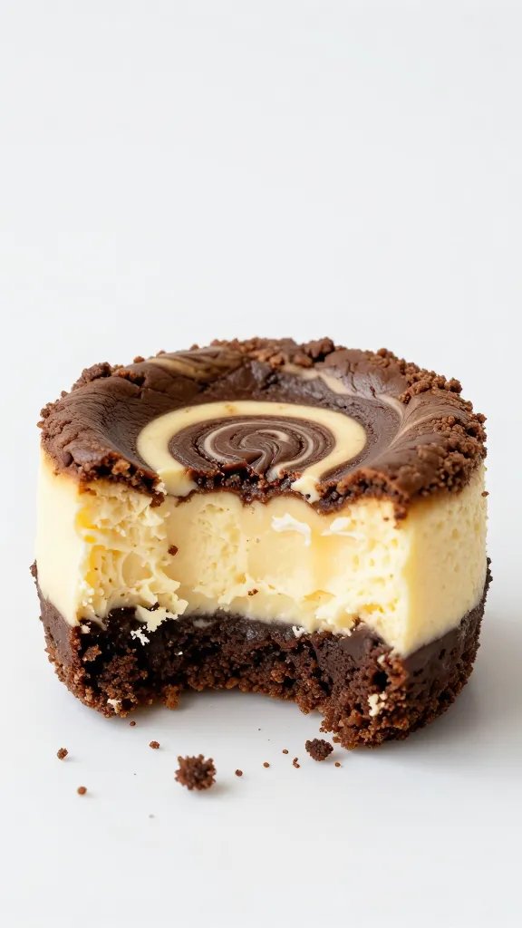 single cheesecake brownie cup bitten, fudgy crumb, marble swirl