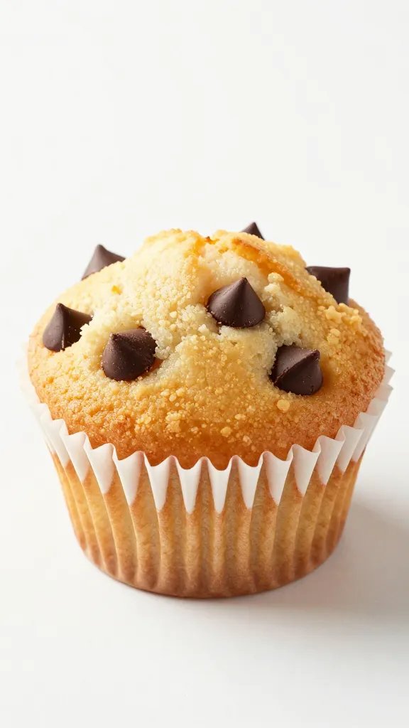 single chocolate chip cupcake in crinkled paper liner, soft crumb