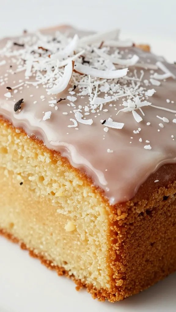 closeup slice of coconut pound cake, glossy coconut glaze