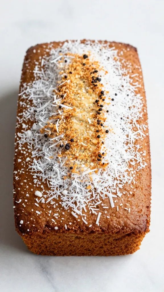 single coconut pound cake loaf with toasted coconut topping