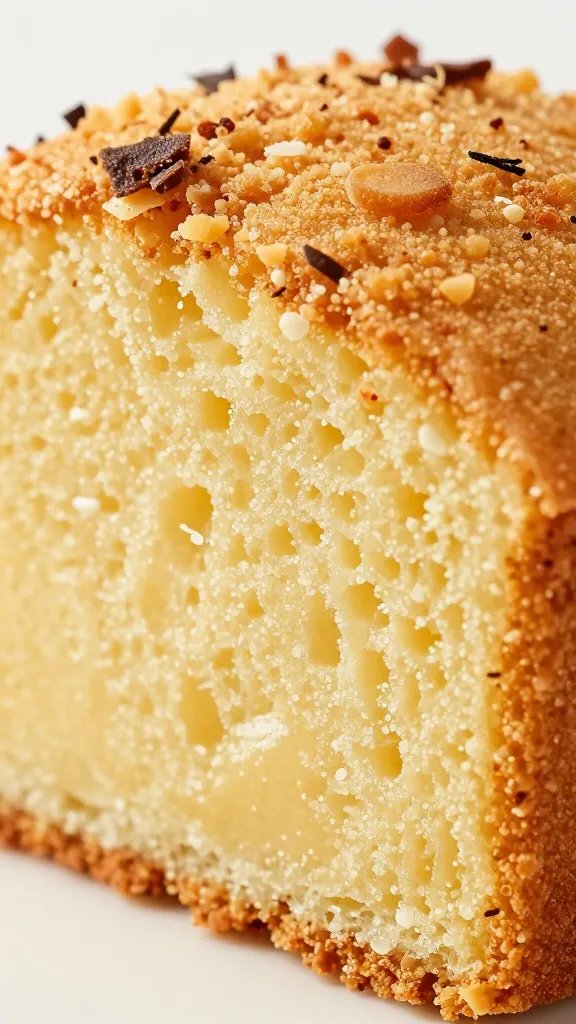 macro of tender coconut crumb, buttery pound cake interior