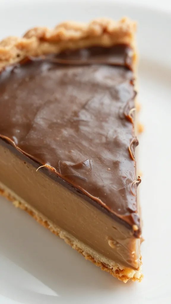 closeup slice of peanut butter cup pie with glossy ganache