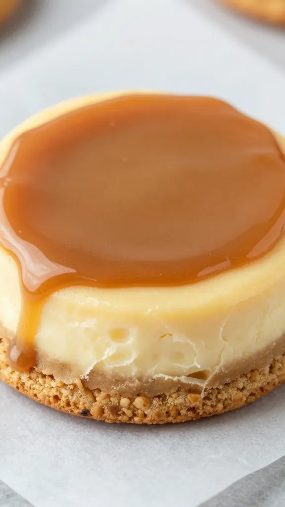 closeup caramel-drizzled cheesecake-stuffed cookie on parchment
