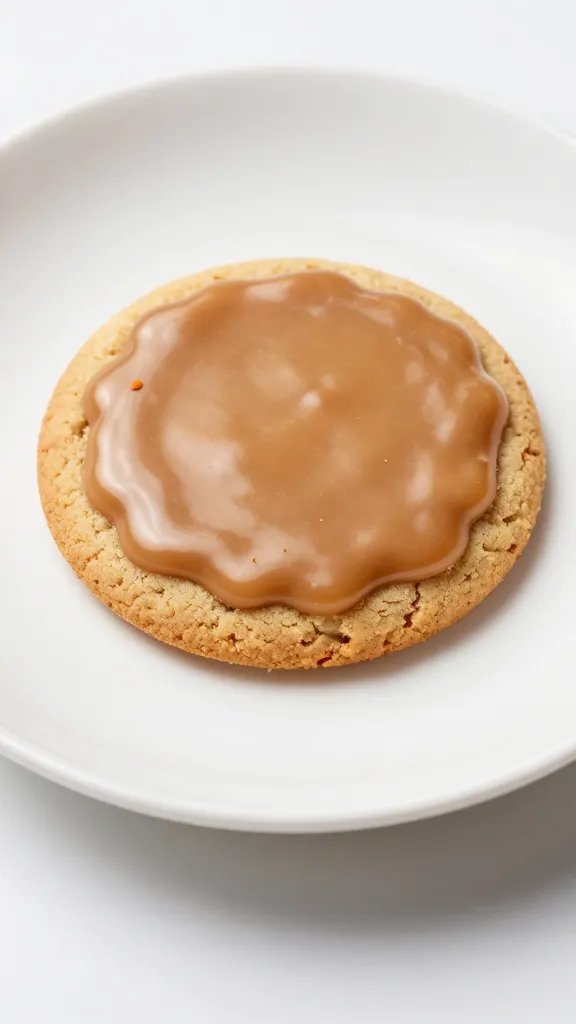 one caramel-glossed cookie on white plate, crumbs visible