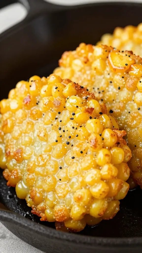 closeup of golden cheesy potato corn fritter on cast-iron