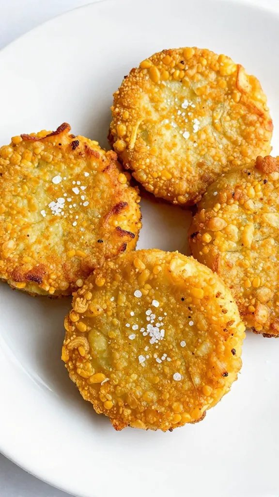 crispy potato corn fritter on white plate with sea salt