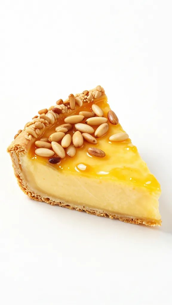 single custard-filled torta slice topped with pine nuts