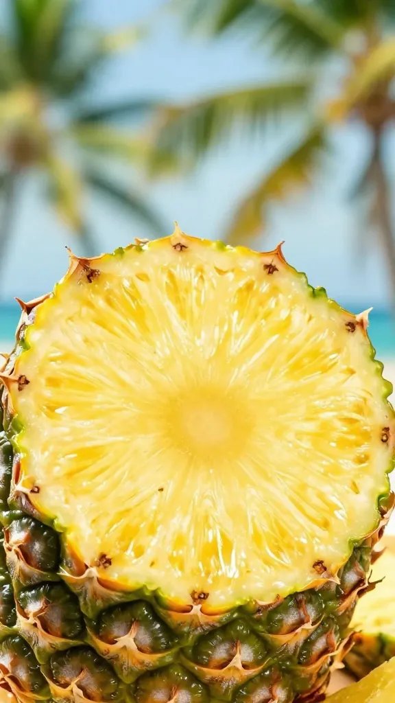 Closeup of fresh pineapple slice, tropical backdrop