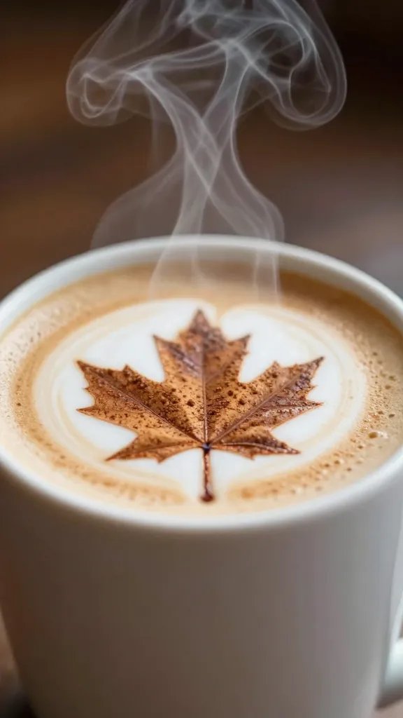 Maple Cinnamon Latte, steaming, mug, closeup.
