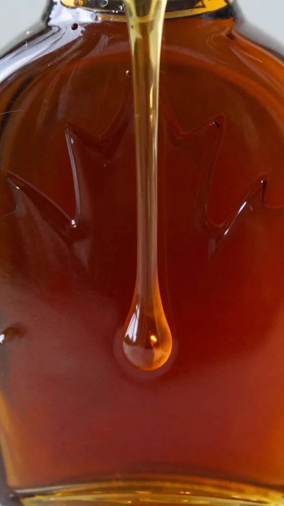 Rich maple syrup, amber pour, closeup.