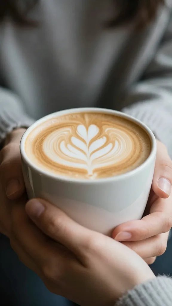 Warm latte mug, cozy hands, soft focus.