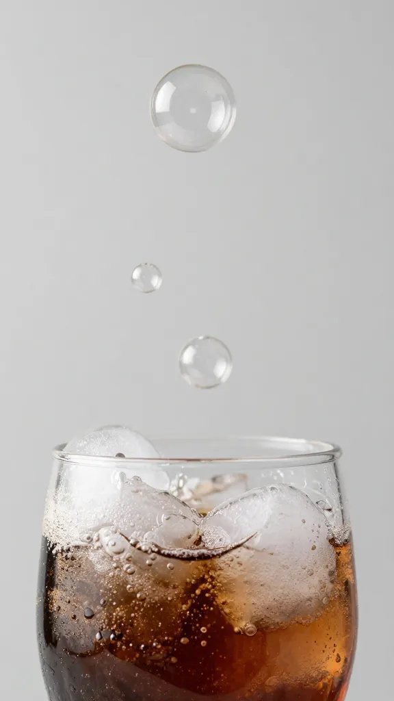 Closeup, playful soda bubbles rising.