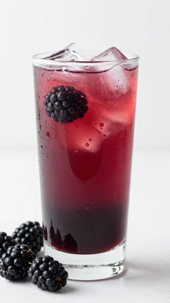 Tall glass of Blackberry Bliss Lemonade, ice, condensation.