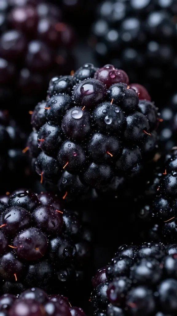 Closeup: fresh blackberries, dewdrops, dark background.