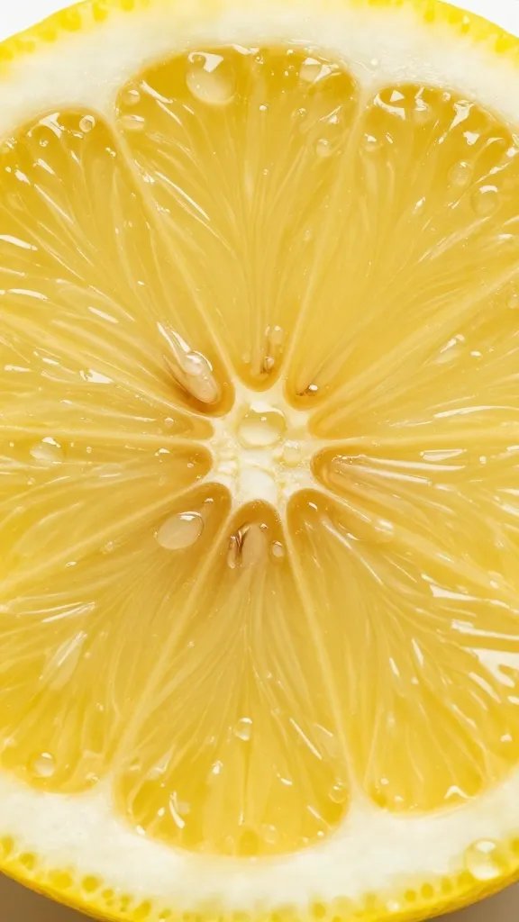 Closeup: vibrant lemon slice, water droplets.