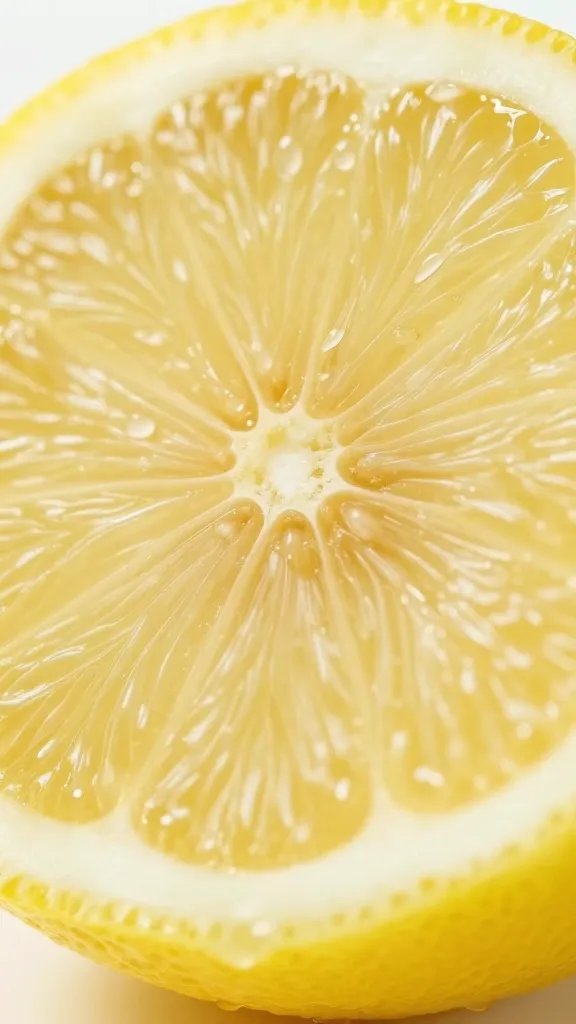 Closeup: Fresh lemon half, water droplets, bright.
