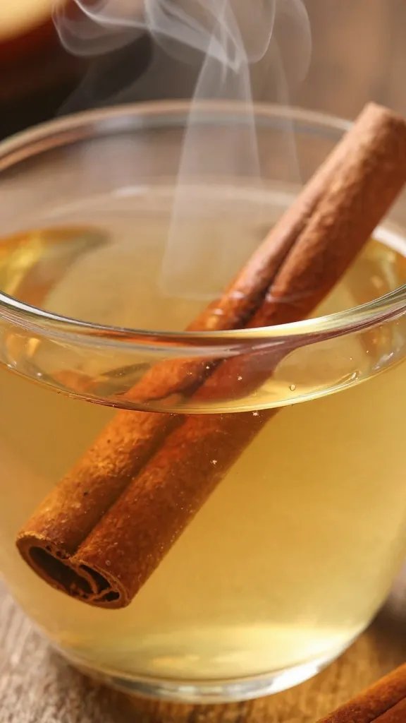 Closeup of steaming golden apple cinnamon tea.
