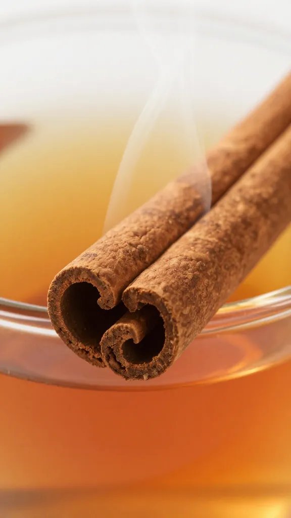 Closeup of cinnamon stick with warm tea steam.