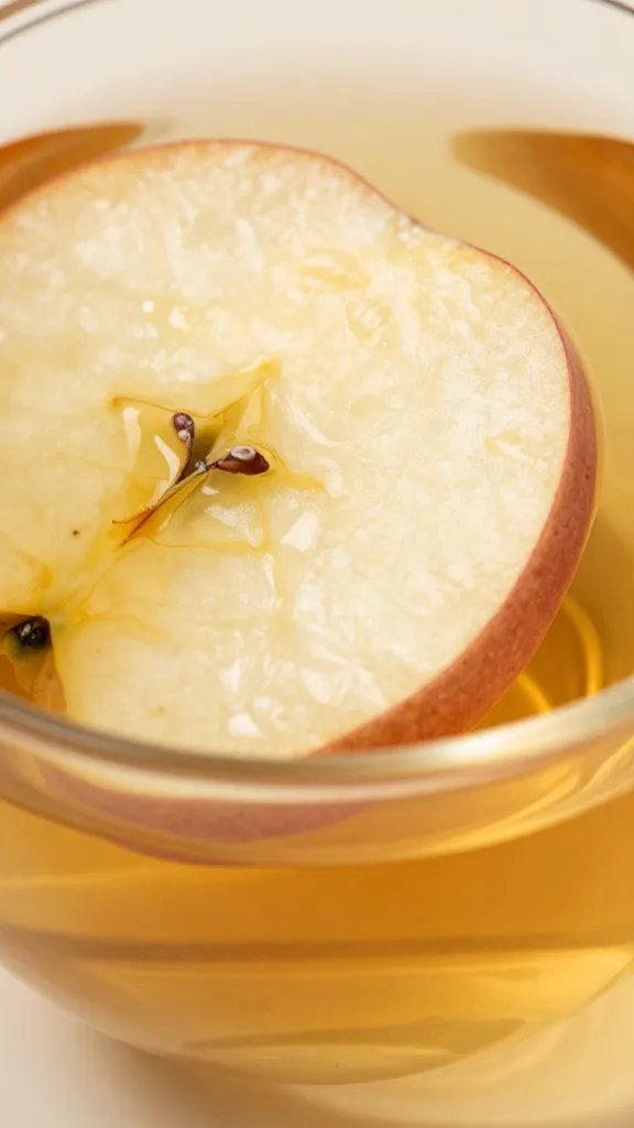 Closeup of delicate apple slice in golden tea.