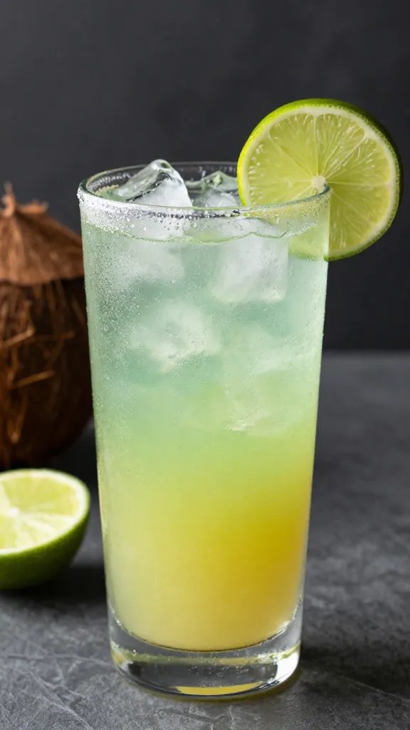 Vibrant Coconut Lime Cooler, frosted glass, lime slice.
