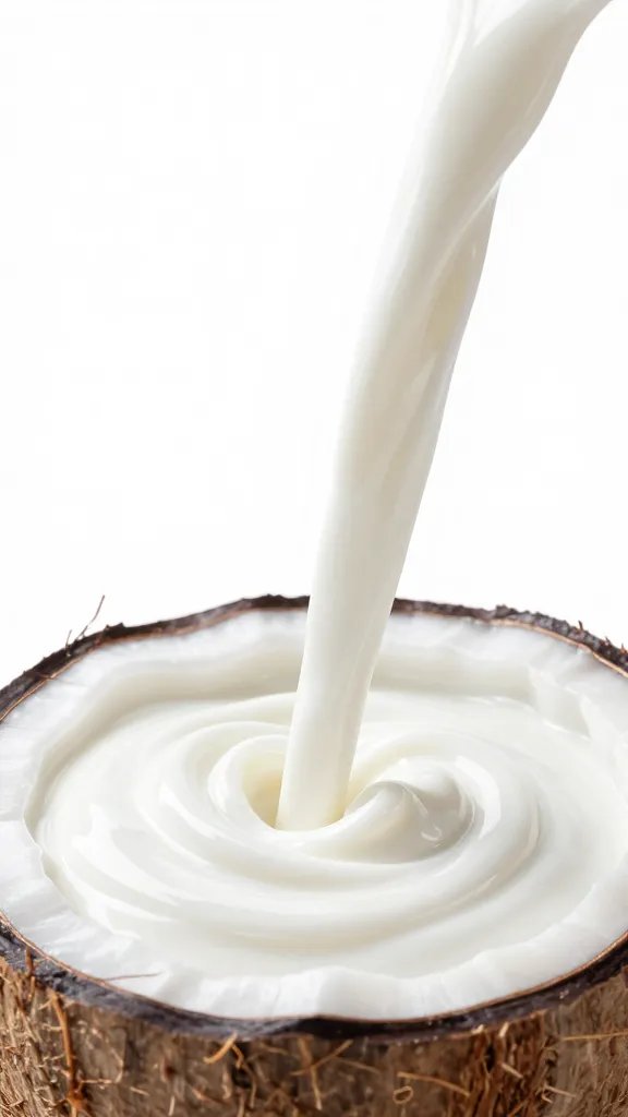 Smooth coconut milk pouring, creamy white swirl.