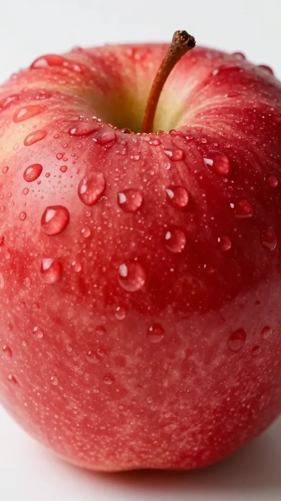 Single vibrant red apple, dew drops.