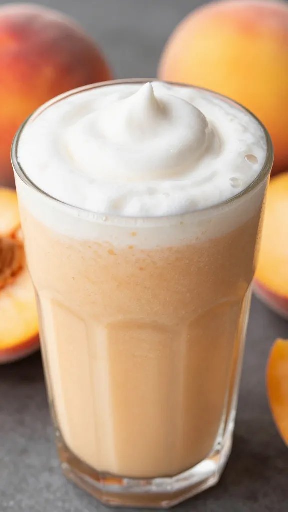 Whipped peach smoothie in glass, closeup.