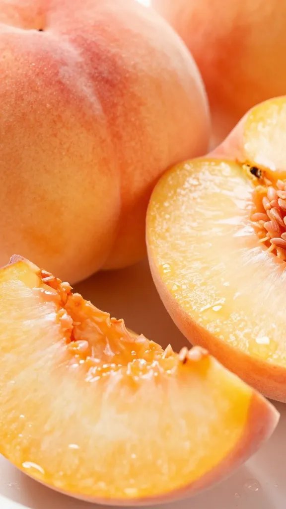 Sliced fresh peach, vibrant, juicy closeup.