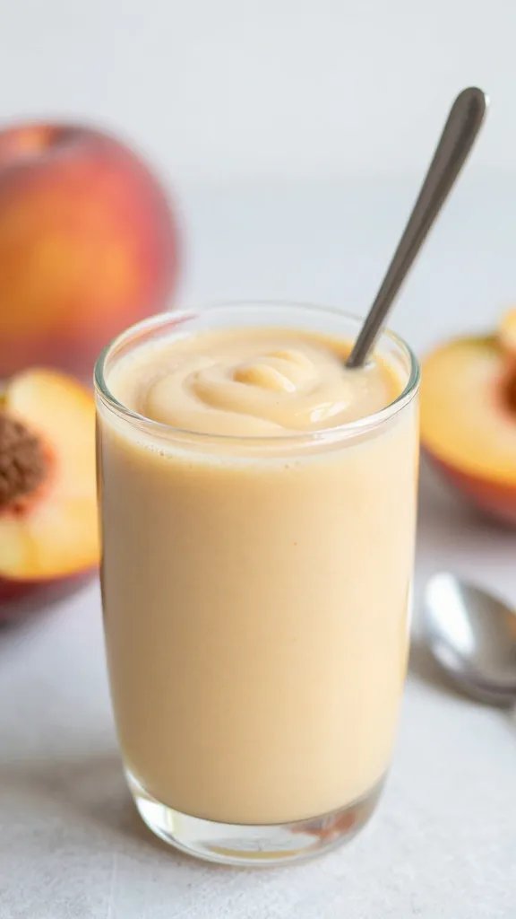 Creamy peach smoothie, spoon, soft focus.