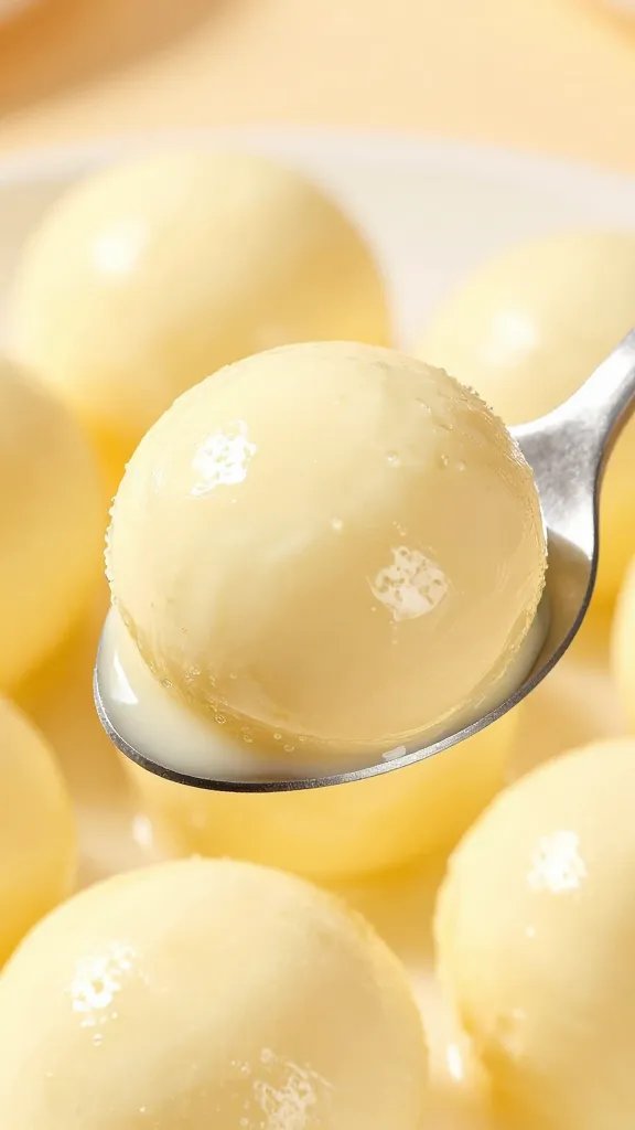 Spoon scooping creamy cheesecake ball.