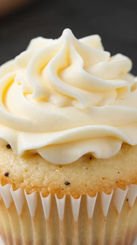 Closeup: vanilla cupcake, visible vanilla bean flecks