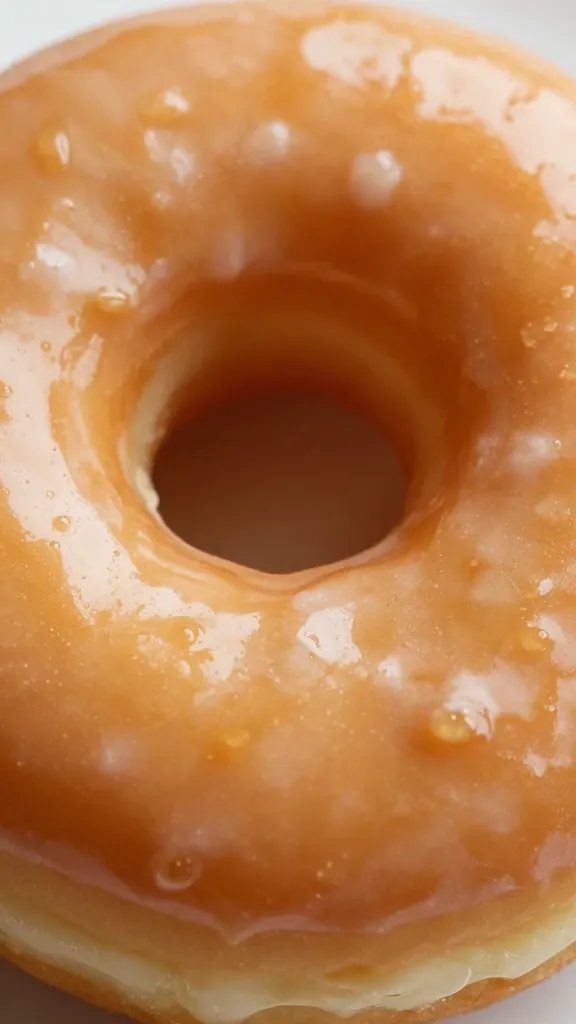 Glistening, warm, glazed donut closeup.