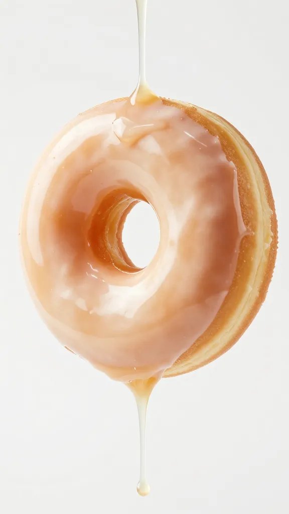 Single donut being dunked in glaze.
