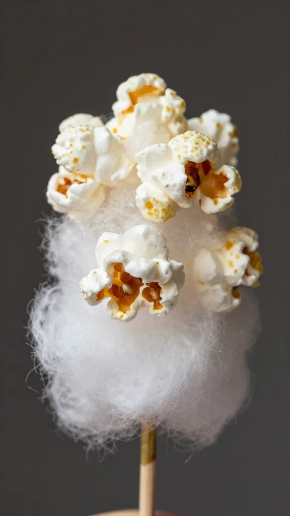 Closeup, single crunchy cotton candy coated popcorn