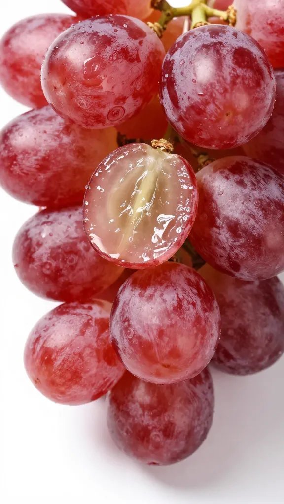 Bitten red candy grape, crunchy texture