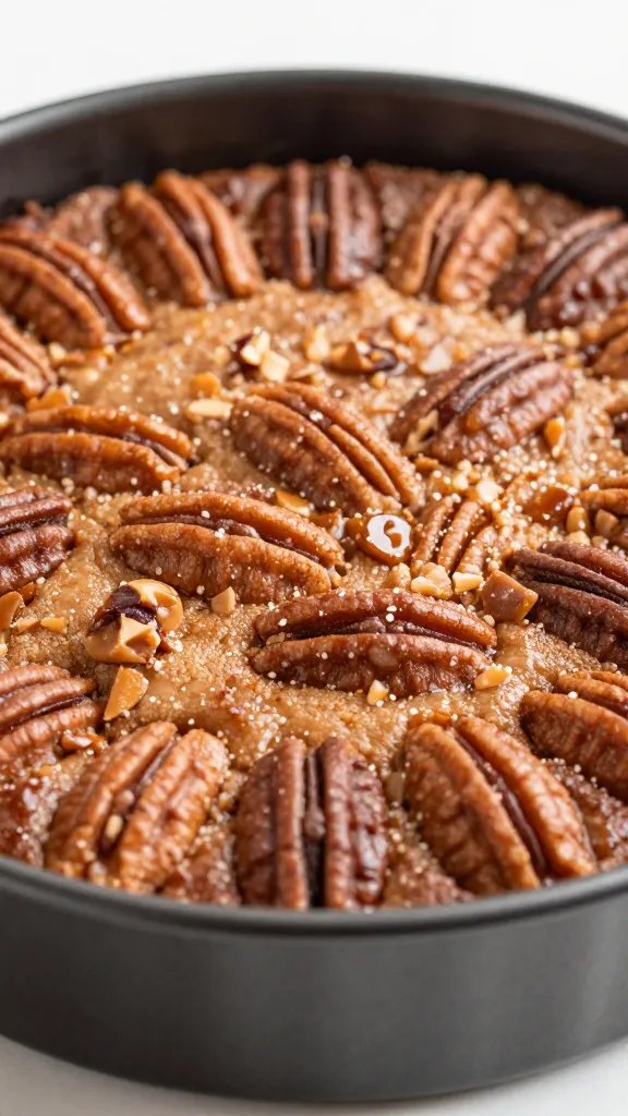 Unbaked pecan dump cake in pan.