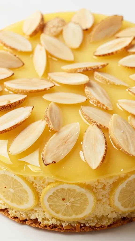 Closeup, almond-topped limoncello cake.