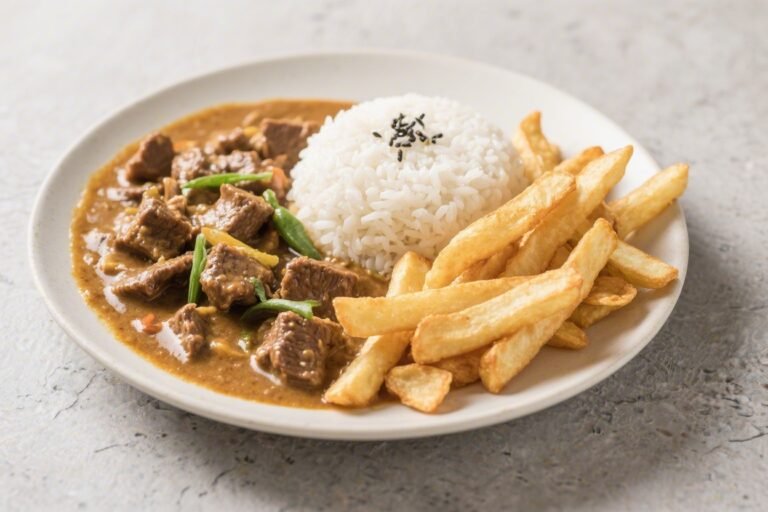 This Slow Cooked Beef Creamy Coconut Curry with Rice and Crispy Fries Will Ruin Every Other Dinner You Make (In the Best Way)